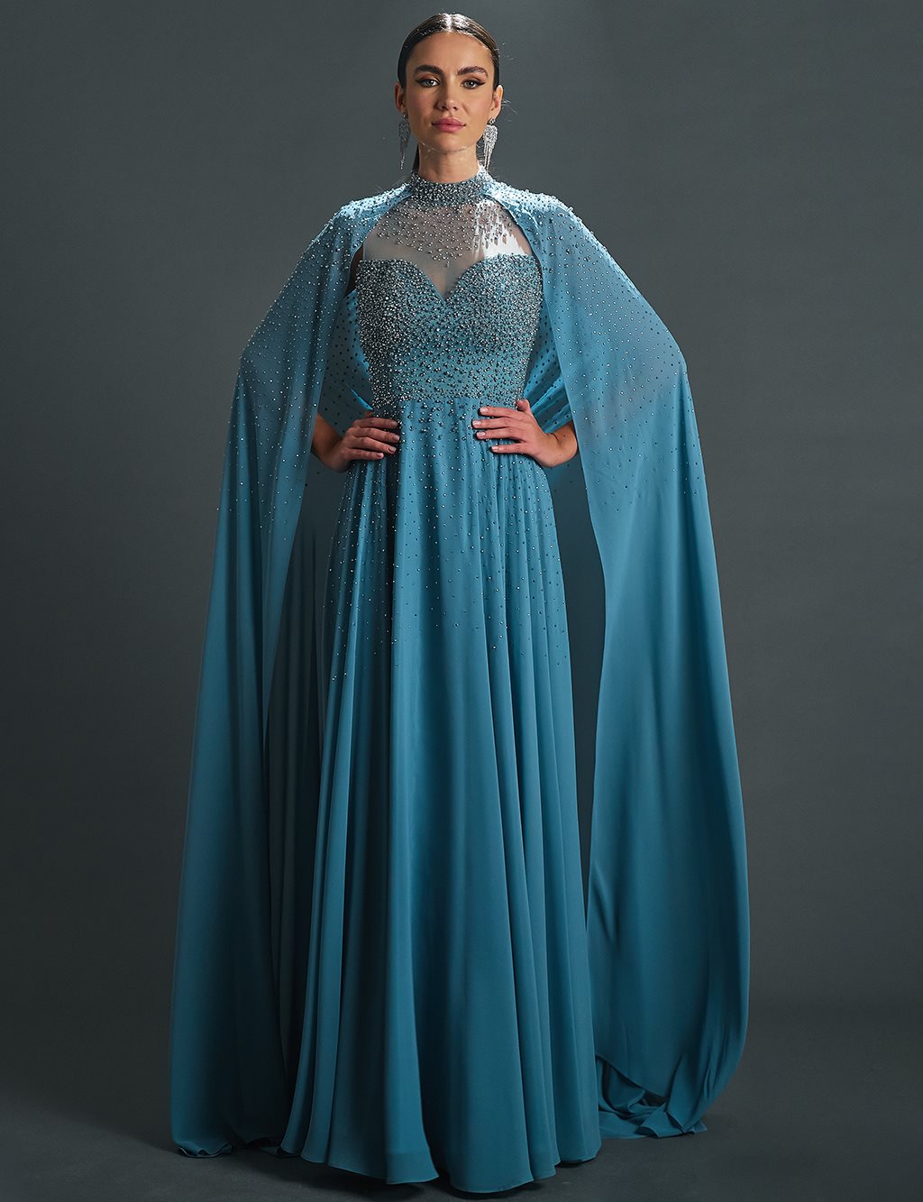 Flowing Evening Dress with Cape Granite Blue