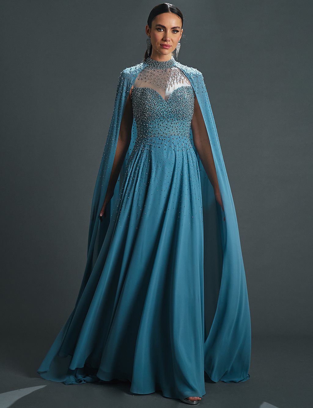 Flowing Evening Dress with Cape Granite Blue