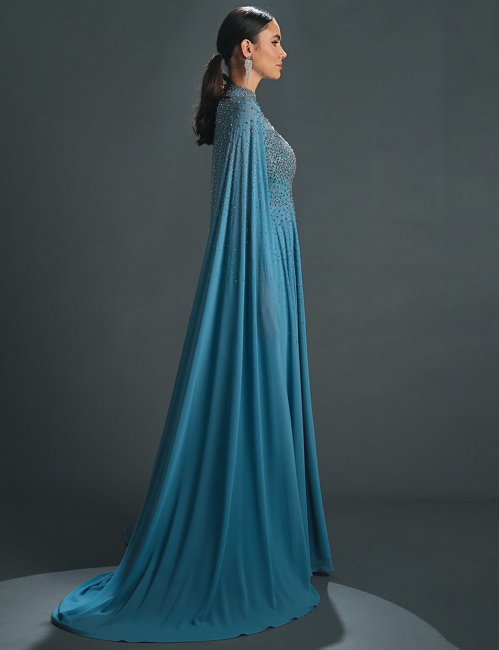 Flowing Evening Dress with Cape Granite Blue
