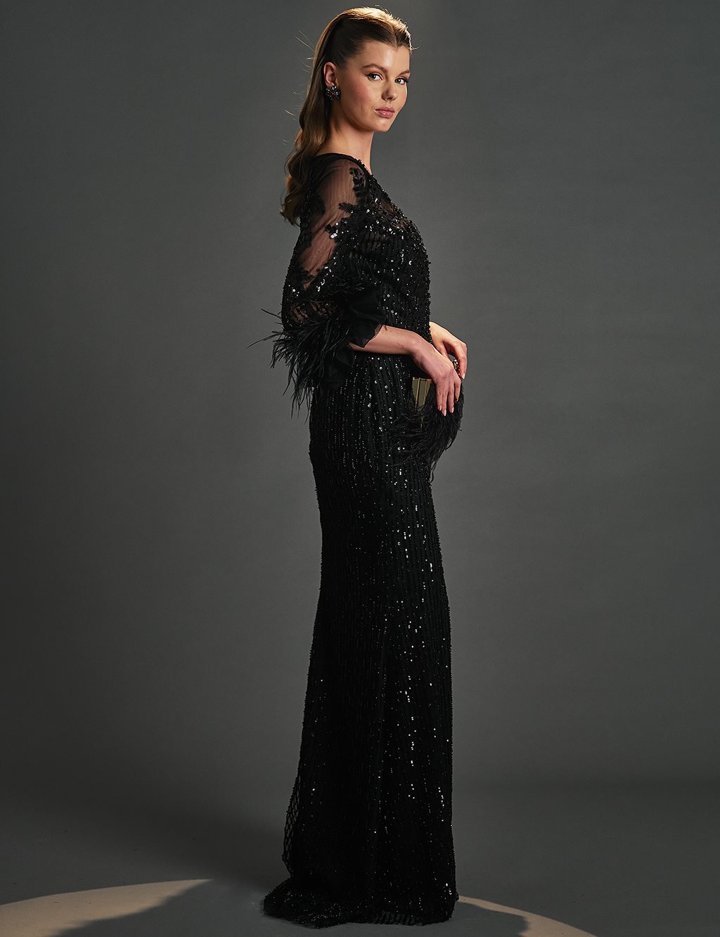 Sequined Embroidered Boat Neck Evening Dress Black