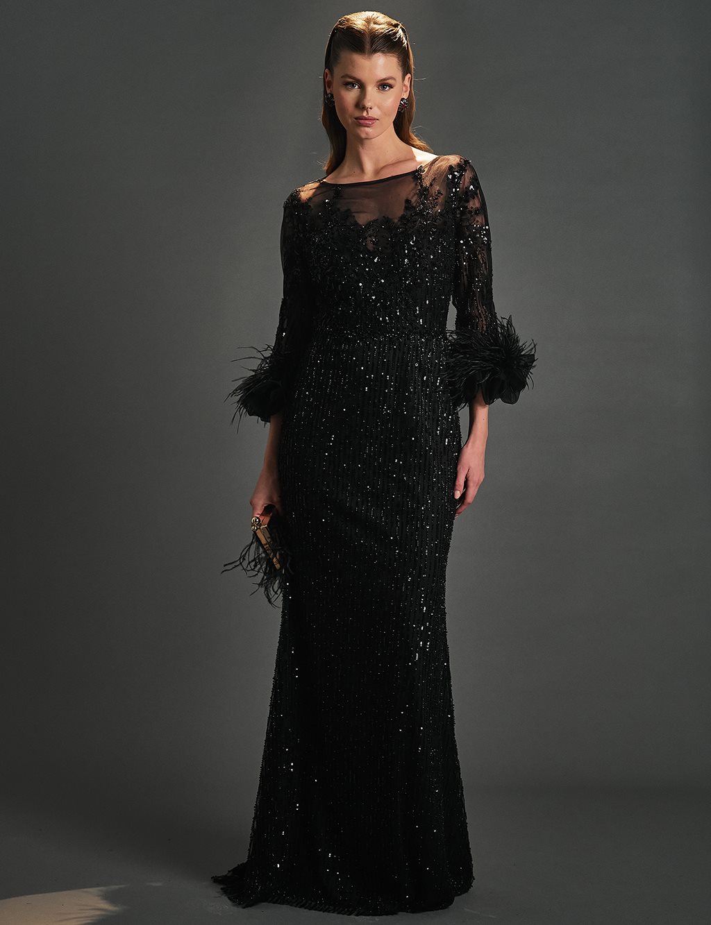 Sequined Embroidered Boat Neck Evening Dress Black