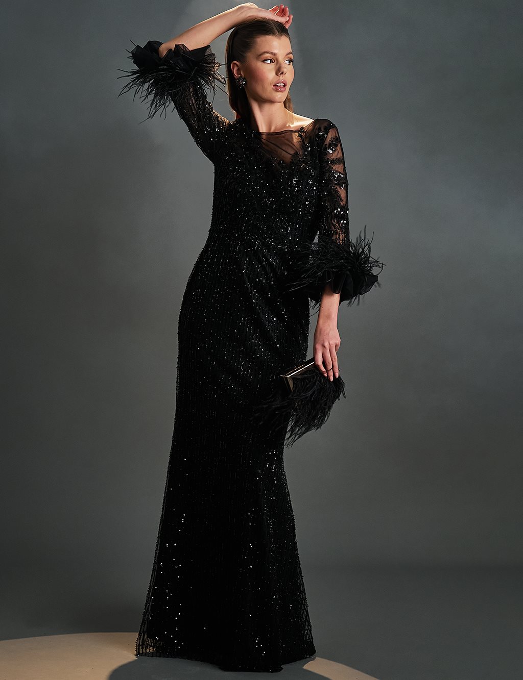 Sequined Embroidered Boat Neck Evening Dress Black