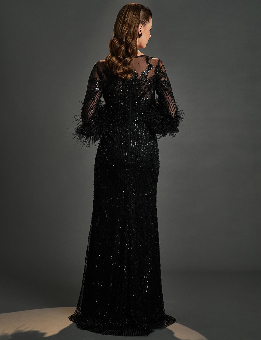 Sequined Embroidered Boat Neck Evening Dress Black