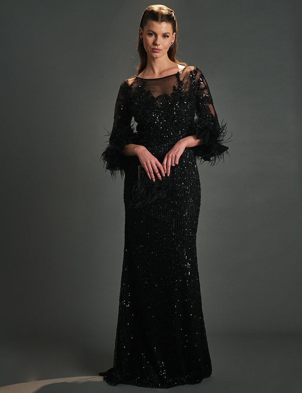 Sequined Embroidered Boat Neck Evening Dress Black