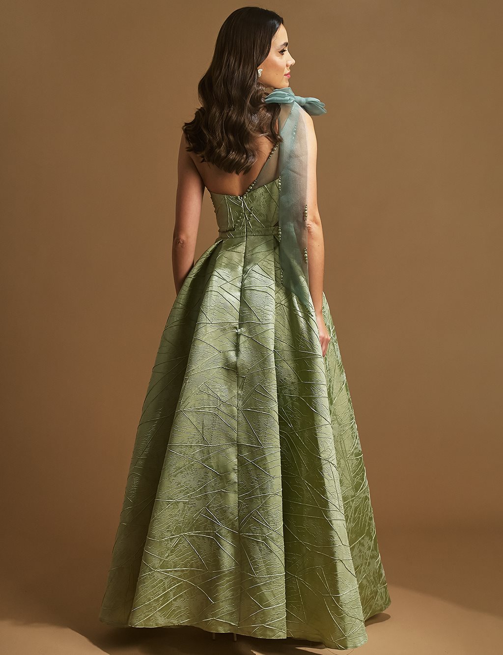 One Shoulder Jacquard Evening Dress Sage