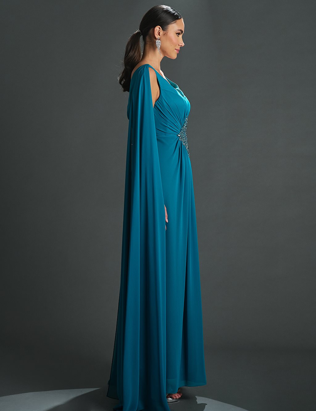 Deep V-Neck Evening Dress with Cape Turquoise