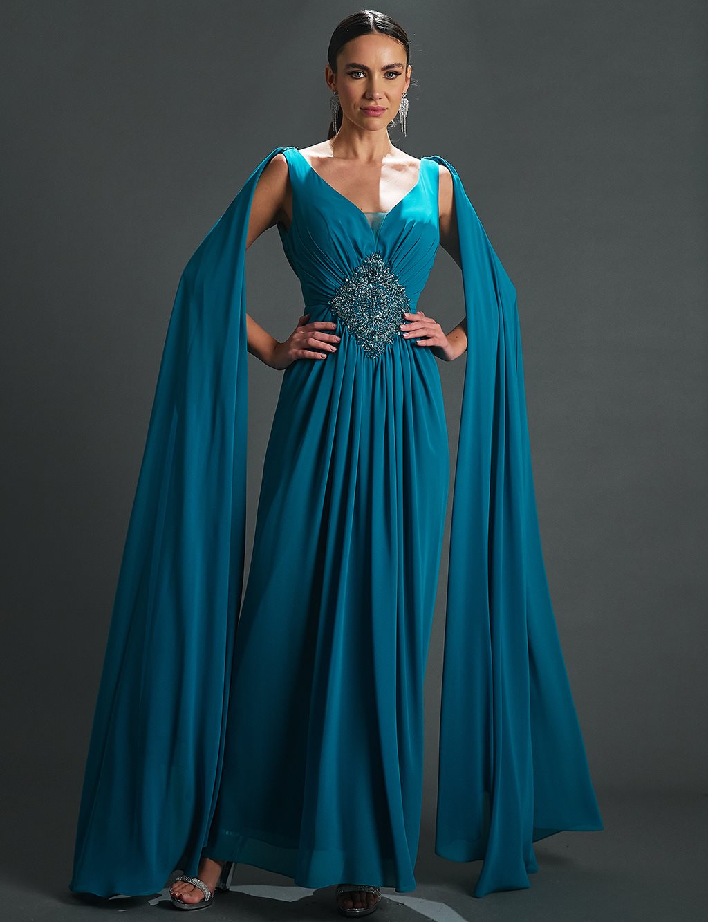 Deep V-Neck Evening Dress with Cape Turquoise