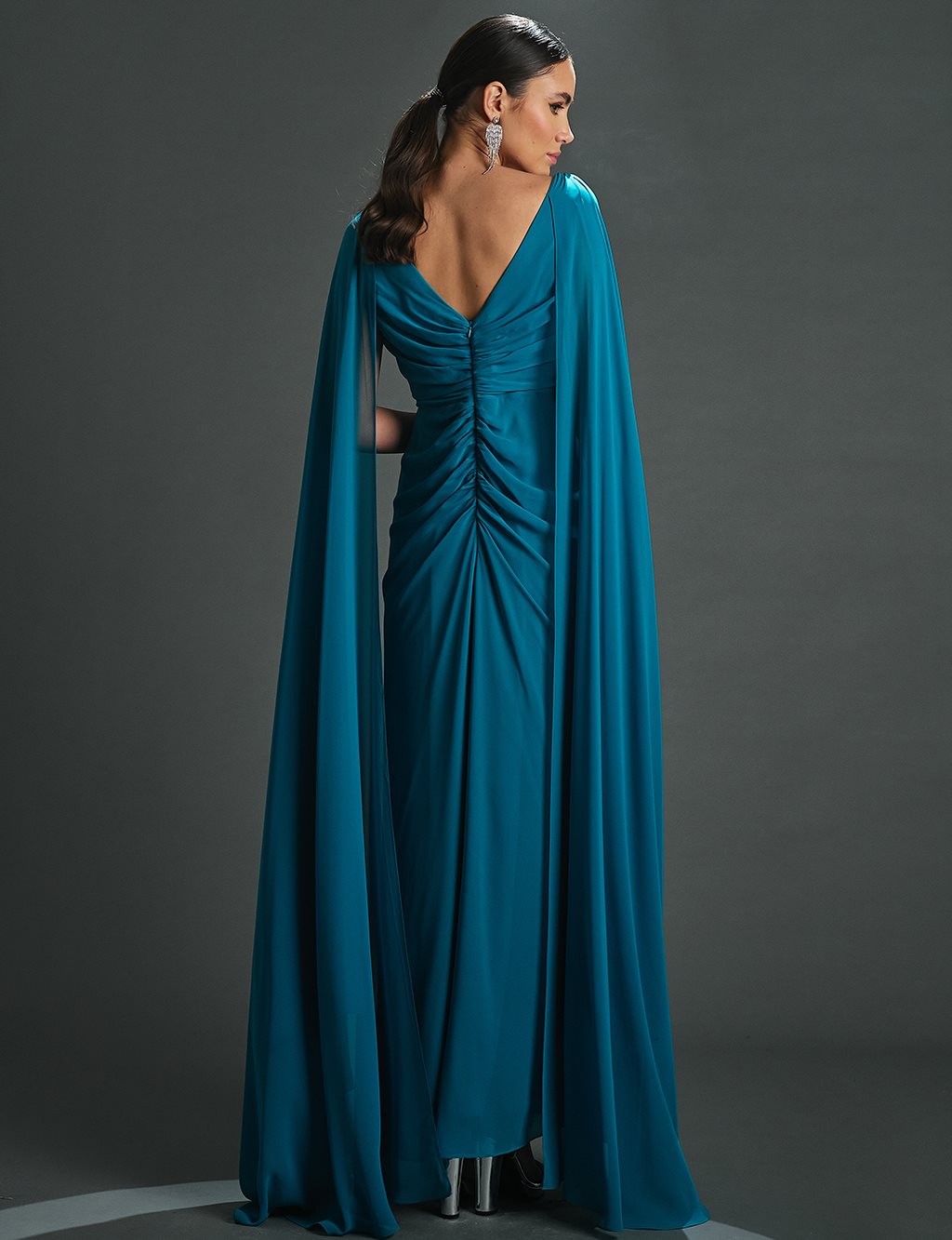 Deep V-Neck Evening Dress with Cape Turquoise