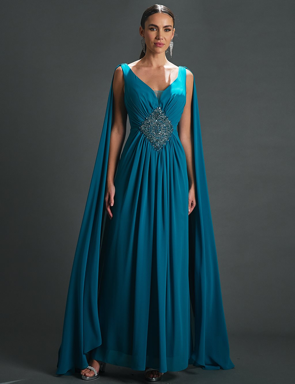 Deep V-Neck Evening Dress with Cape Turquoise