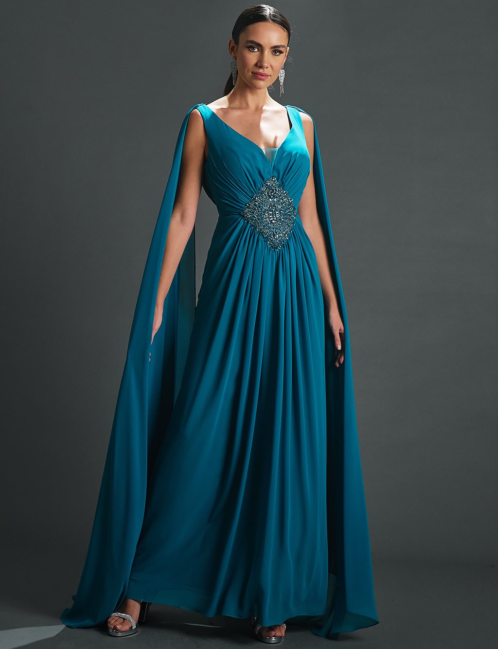 Deep V-Neck Evening Dress with Cape Turquoise