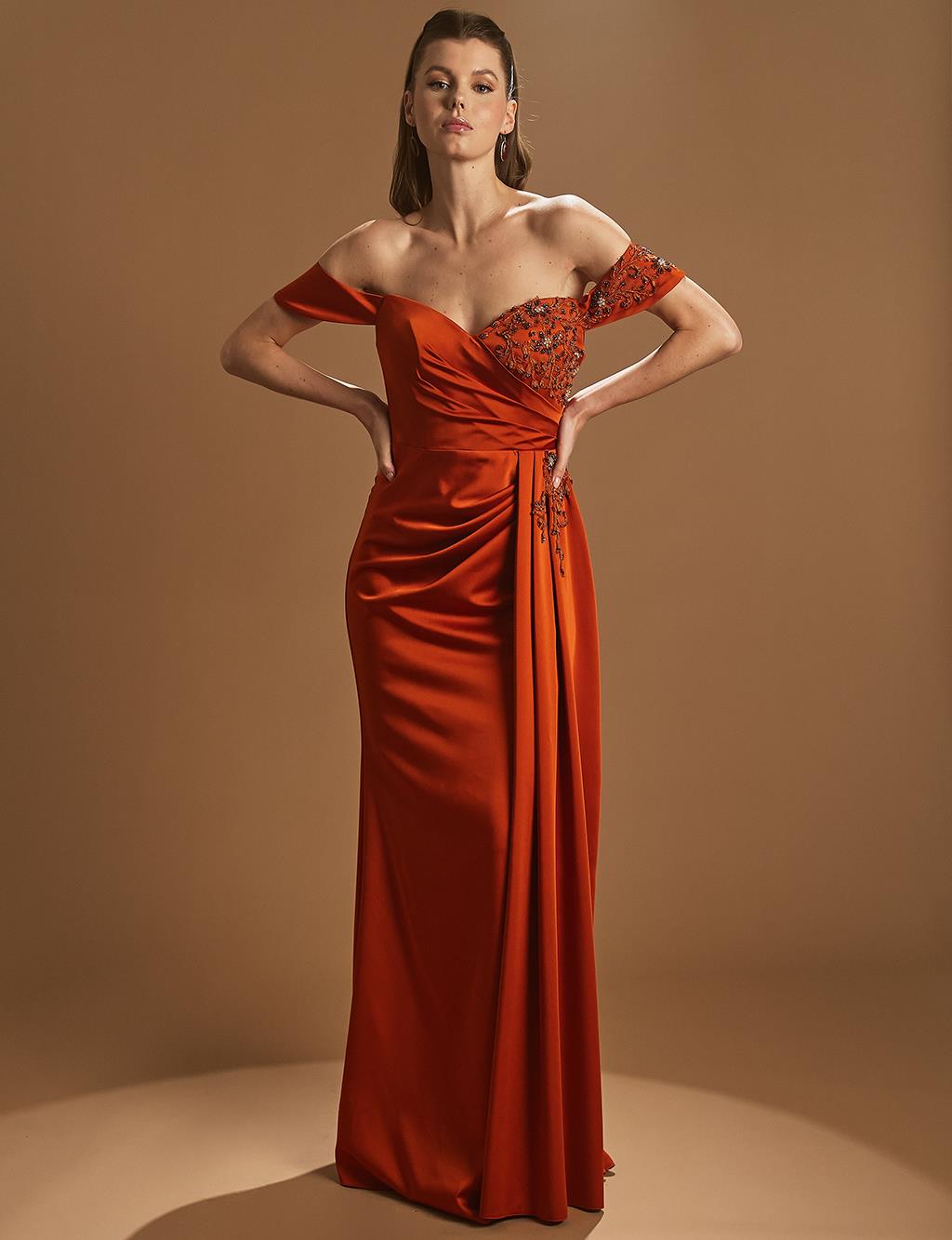 Nakışlı Düşük Omuz Abiye Kiremit 