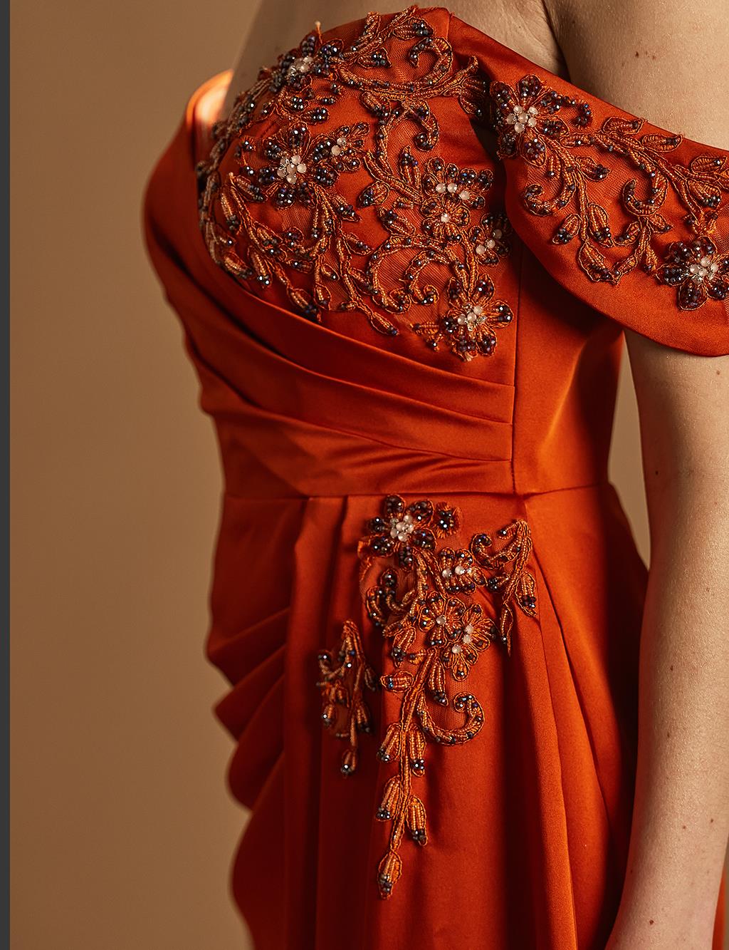 Nakışlı Düşük Omuz Abiye Kiremit 