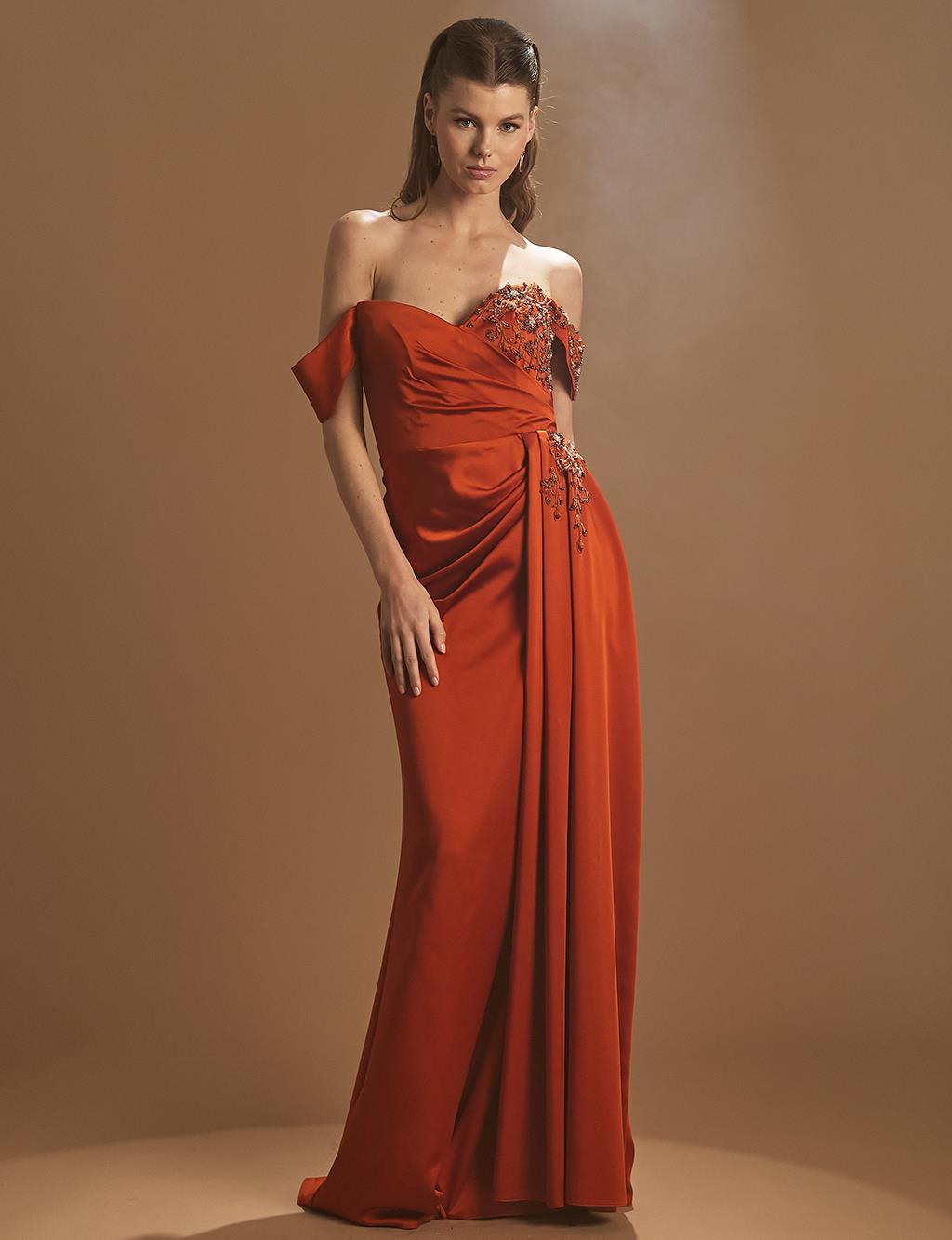 Nakışlı Düşük Omuz Abiye Kiremit 