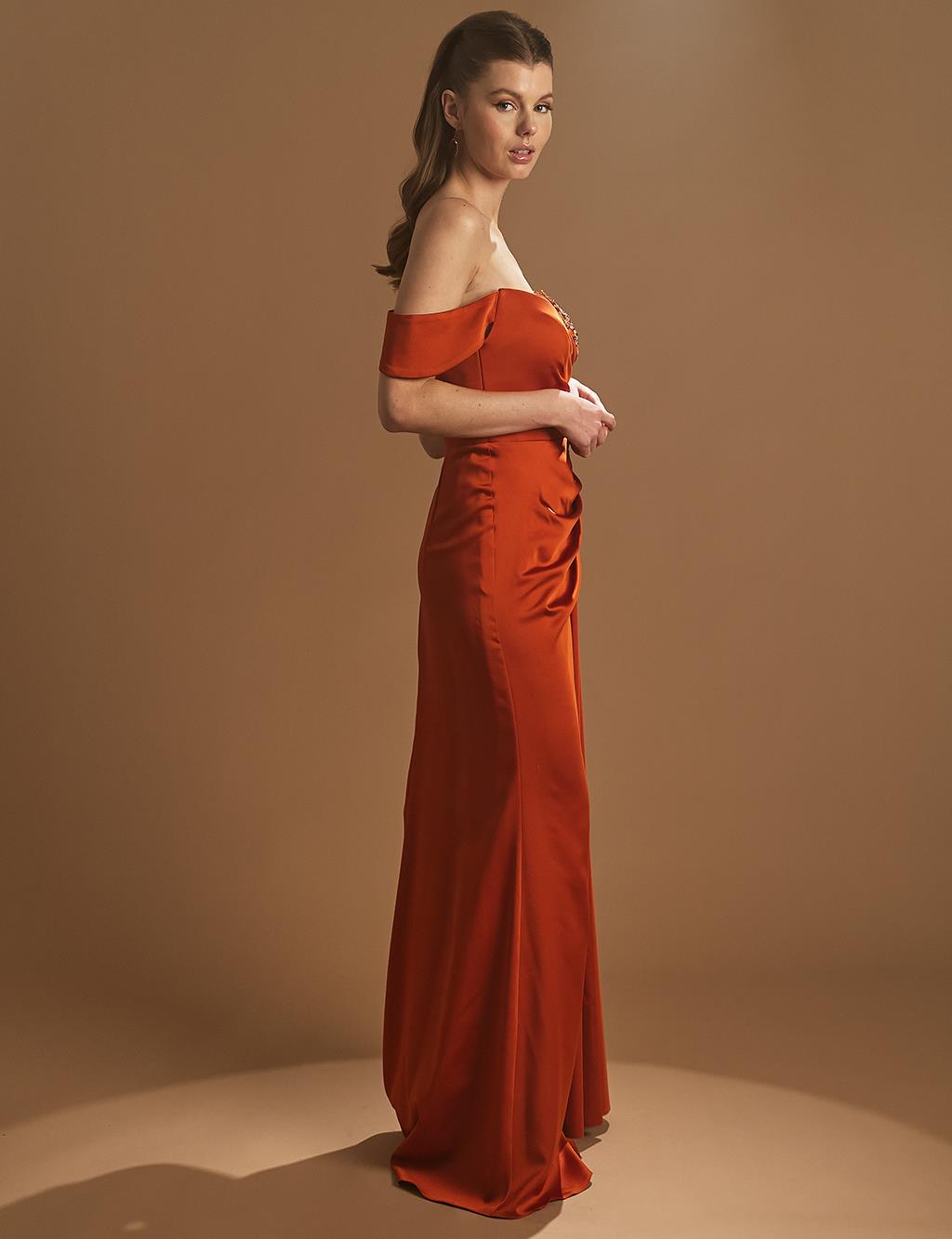 Nakışlı Düşük Omuz Abiye Kiremit 