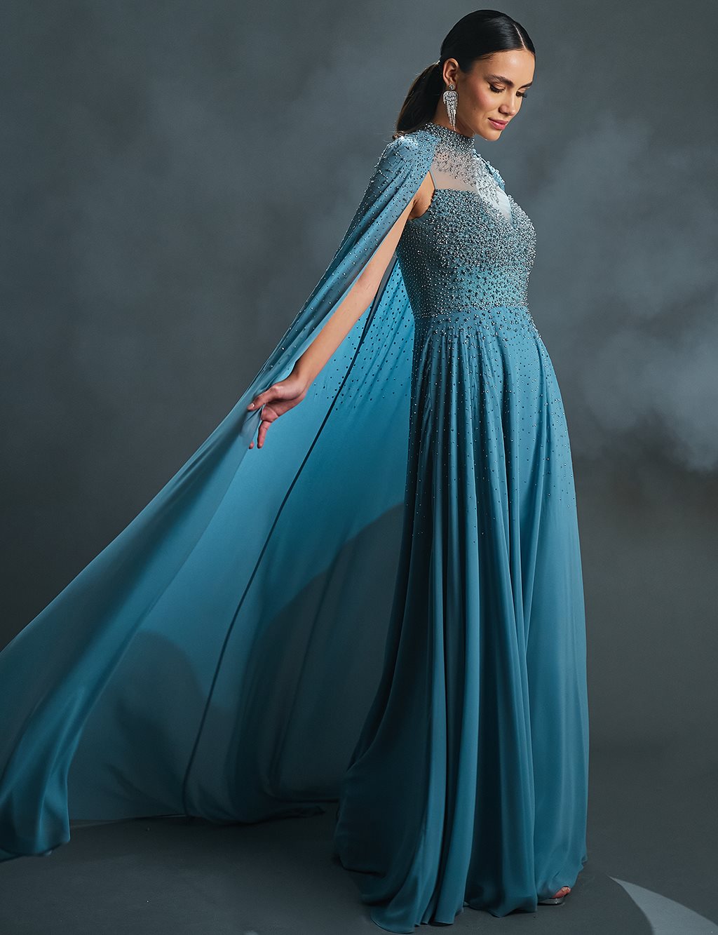 Flowing Evening Dress with Cape Midnight Blue