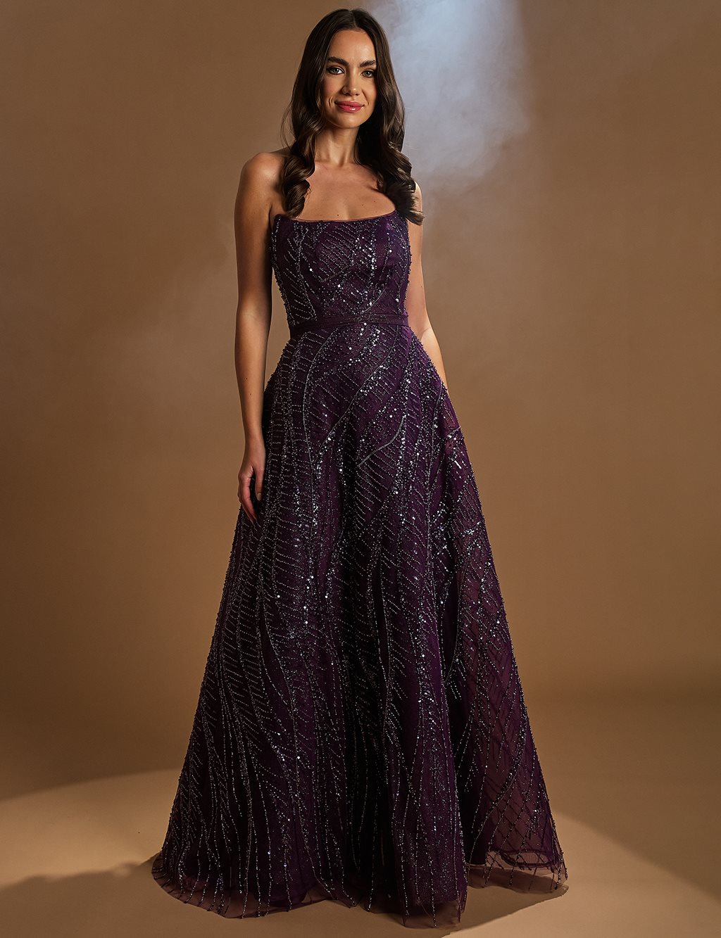 Embroidered Strapless Evening Dress Purple
