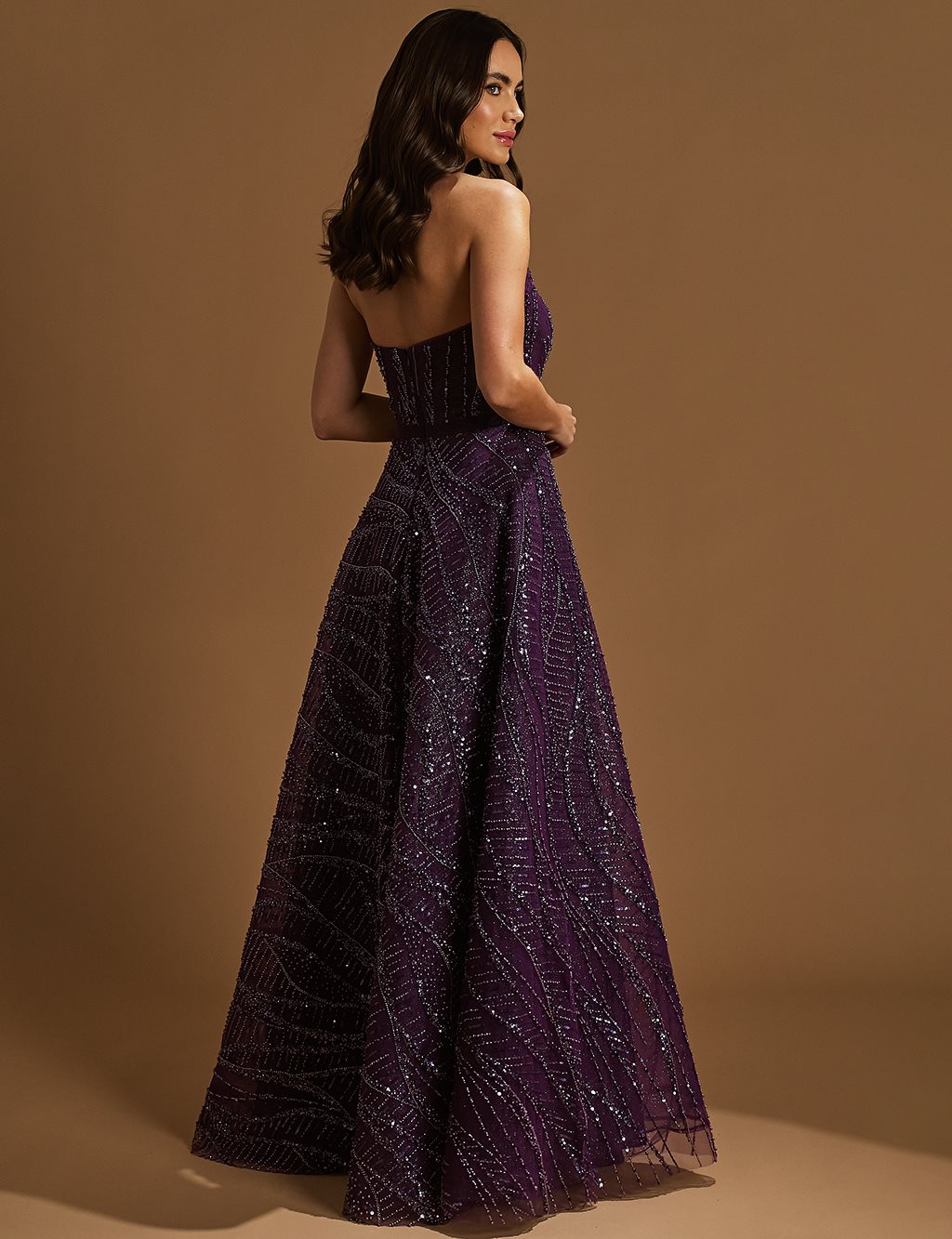 Embroidered Strapless Evening Dress Purple