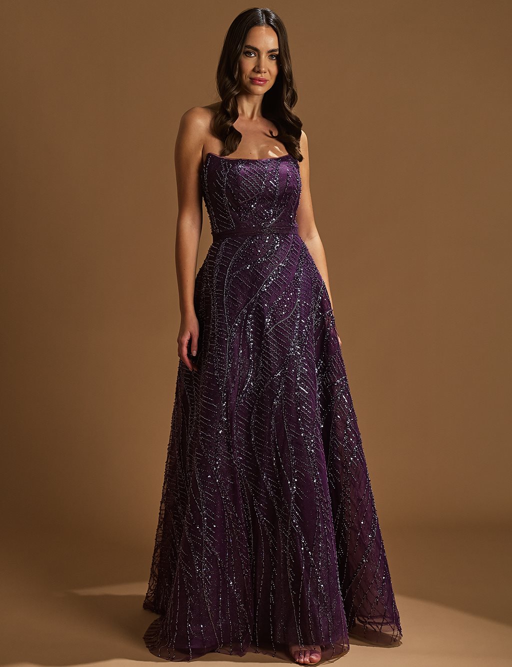 Embroidered Strapless Evening Dress Purple