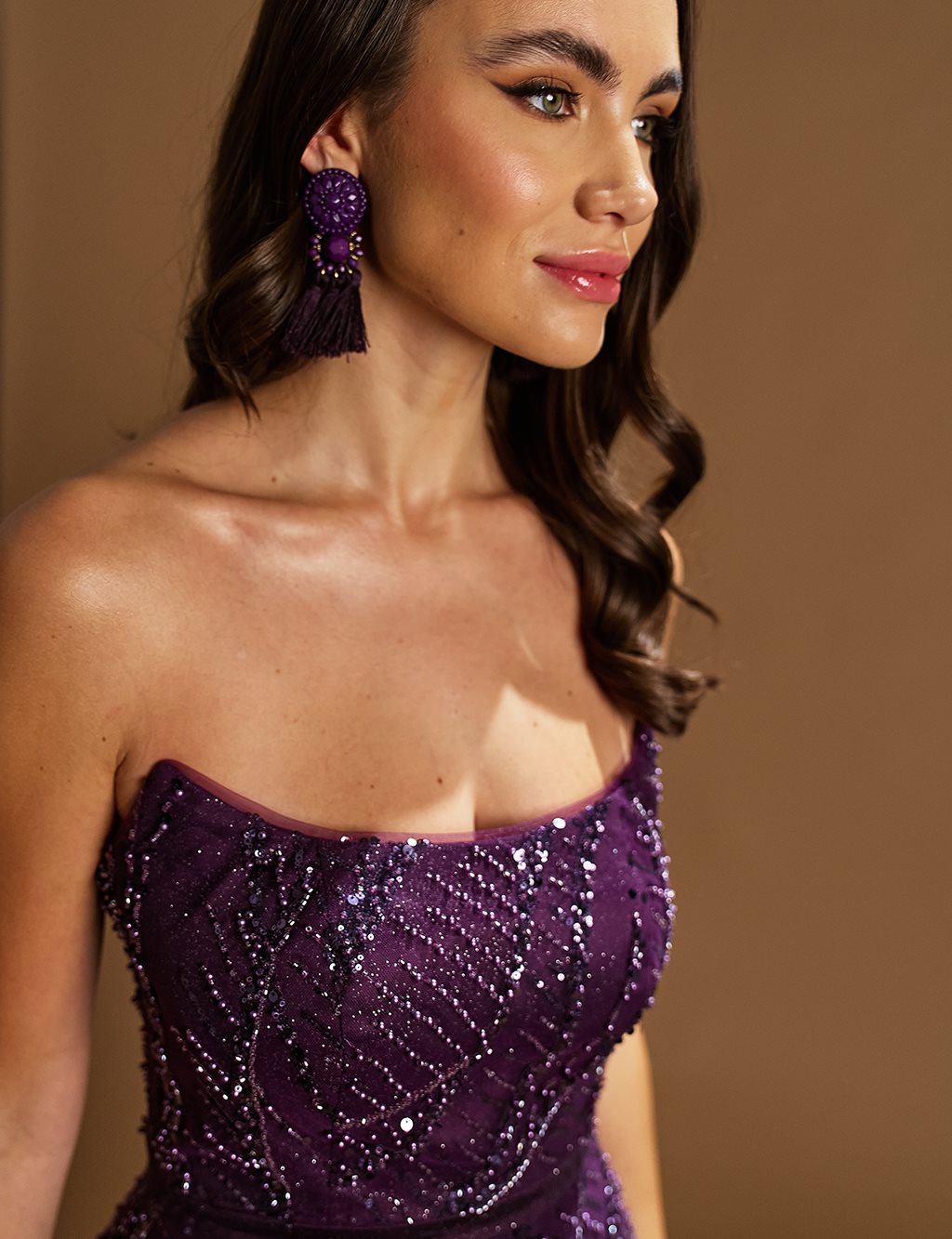 Embroidered Strapless Evening Dress Purple