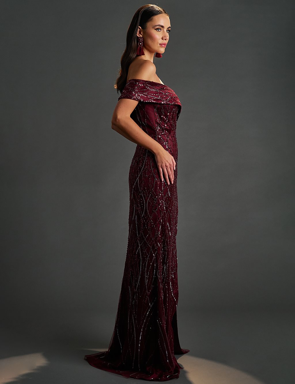 Removable Tulle Detailed Fish Form Evening Dress Claret Red