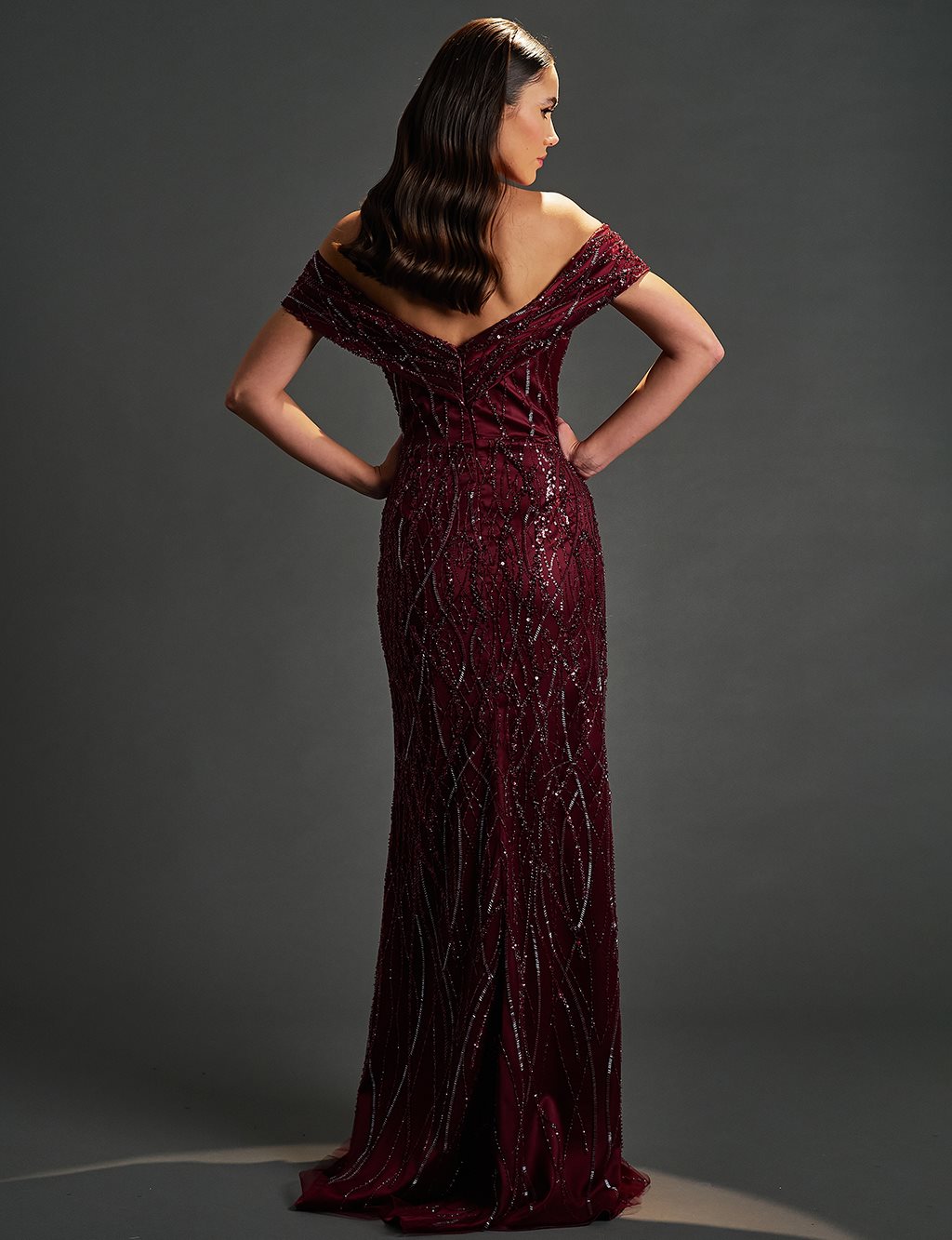 Removable Tulle Detailed Fish Form Evening Dress Claret Red