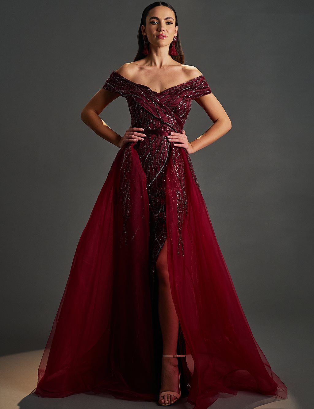 Removable Tulle Detailed Fish Form Evening Dress Claret Red