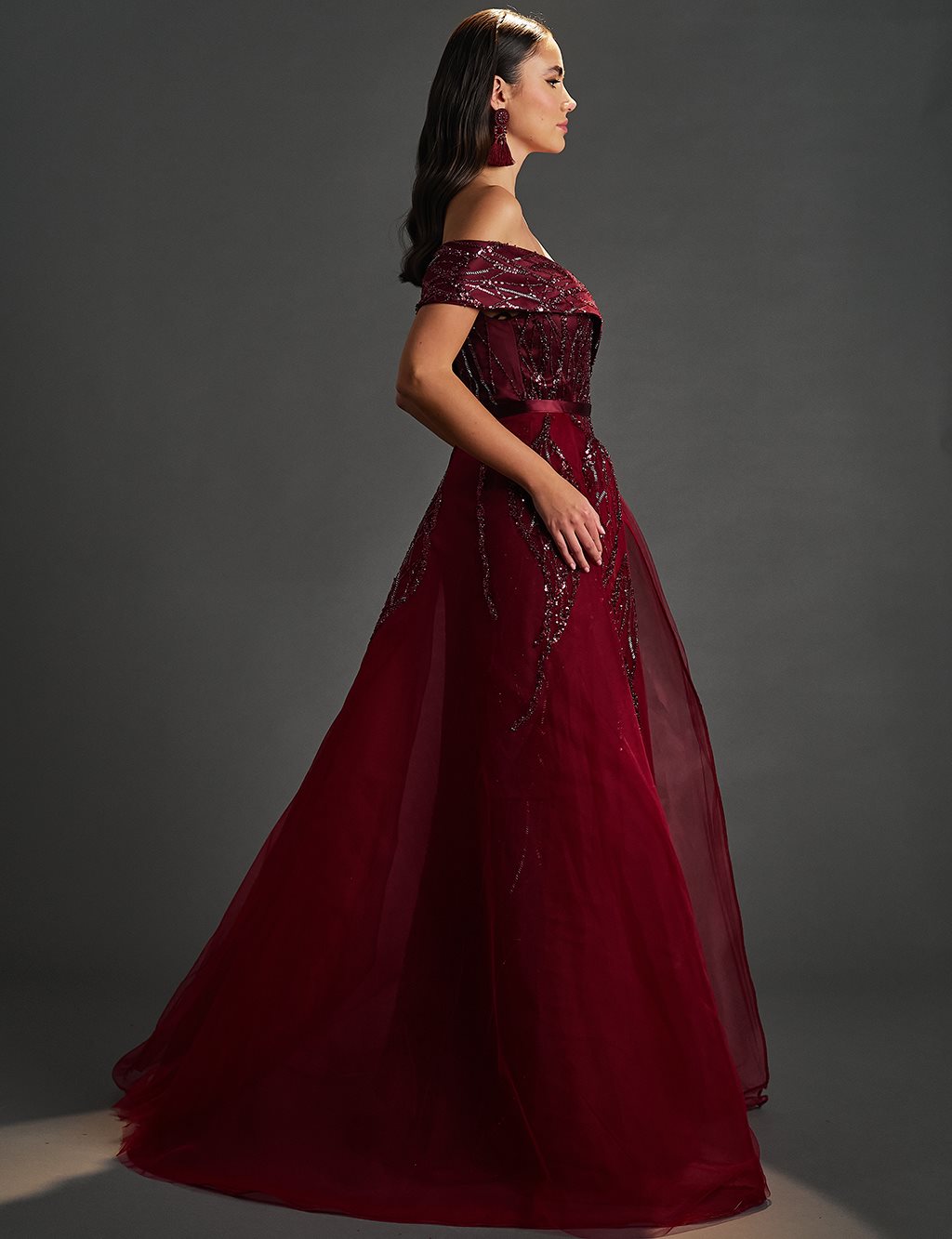 Removable Tulle Detailed Fish Form Evening Dress Claret Red