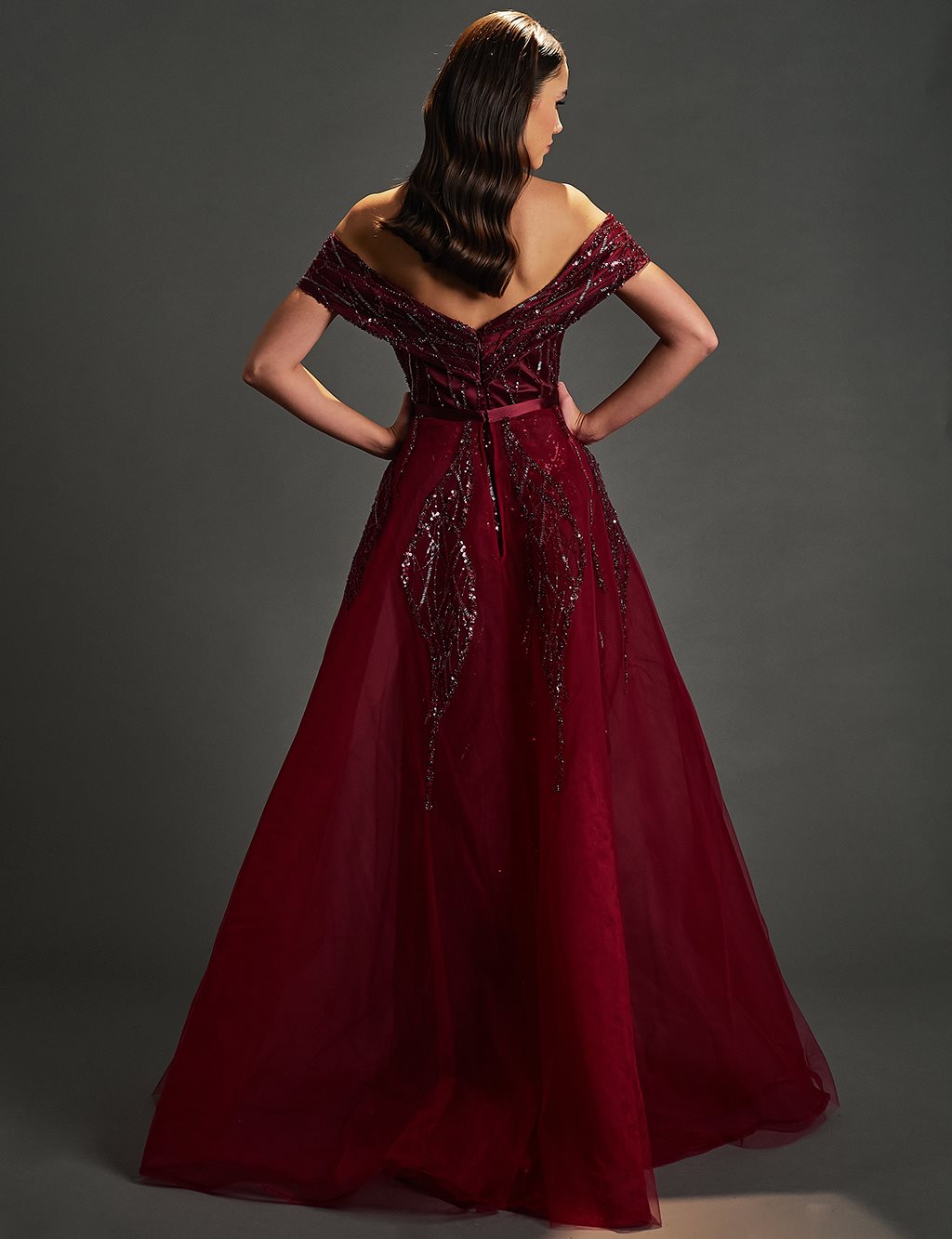 Removable Tulle Detailed Fish Form Evening Dress Claret Red