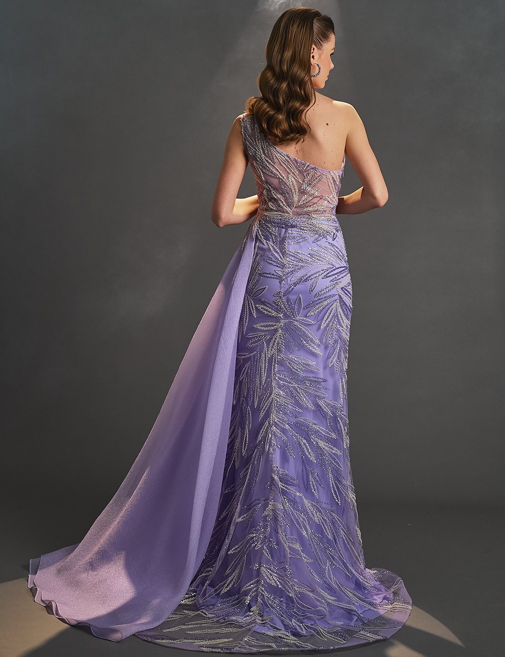 One Shoulder Evening Dress Lilac with Tulle Detail