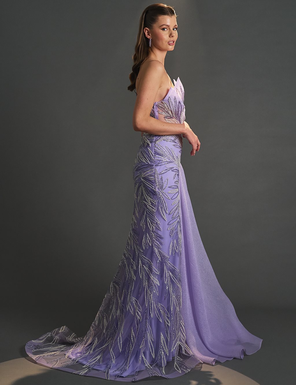 One Shoulder Evening Dress Lilac with Tulle Detail