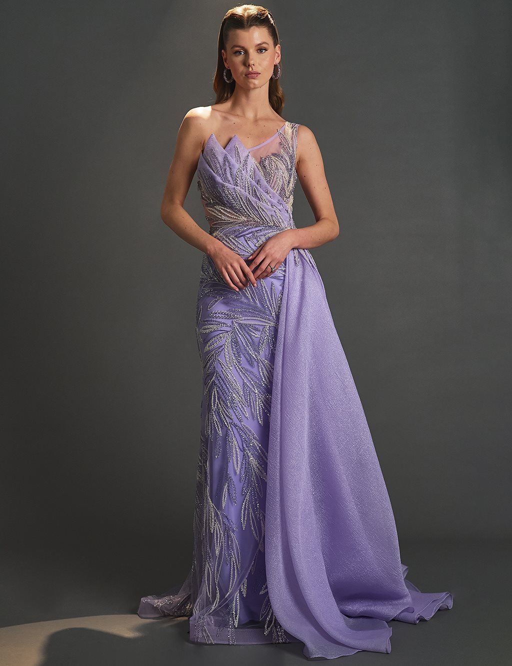 One Shoulder Evening Dress Lilac with Tulle Detail