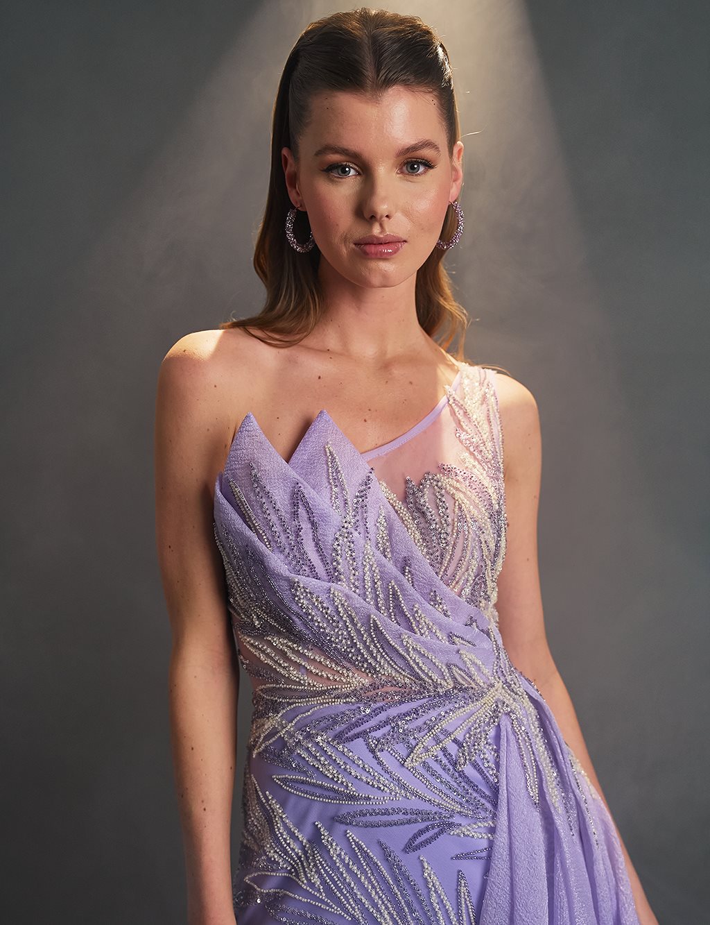 One Shoulder Evening Dress Lilac with Tulle Detail