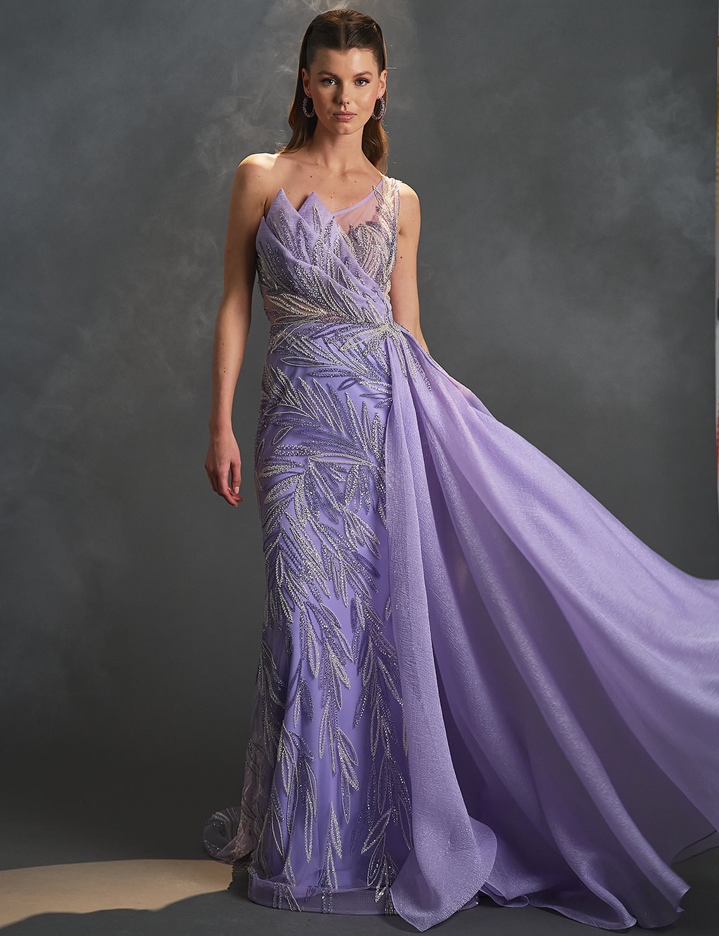 One Shoulder Evening Dress Lilac with Tulle Detail