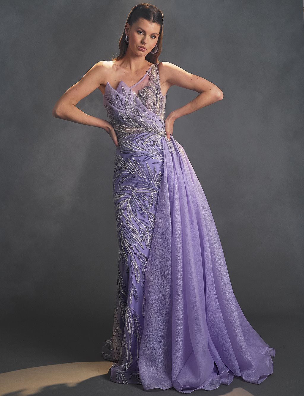 One Shoulder Evening Dress Lilac with Tulle Detail