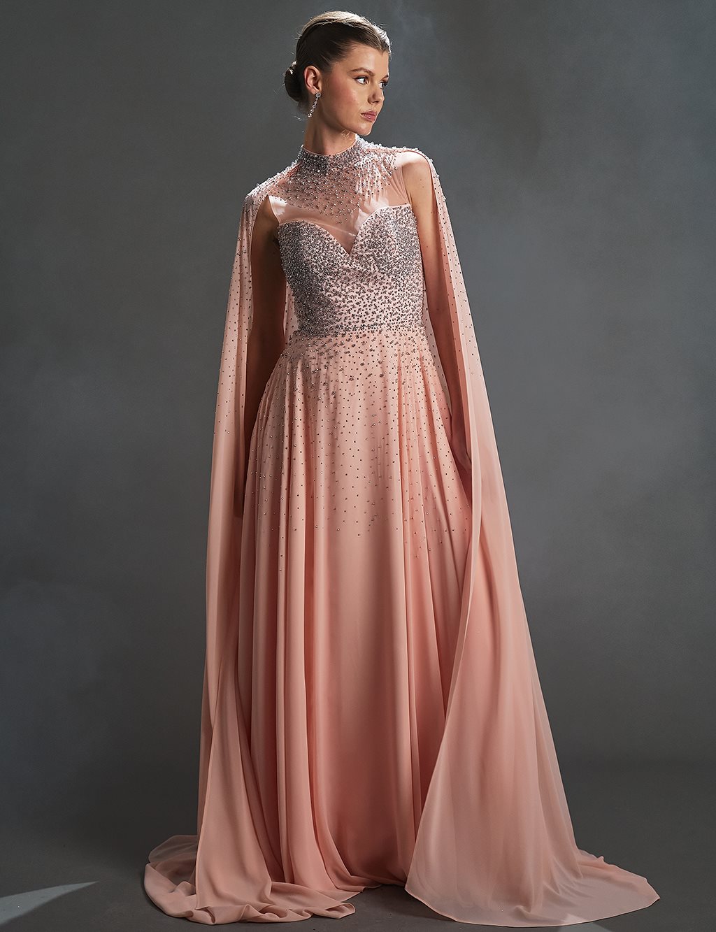Flowing Evening Dress with Cape Powder