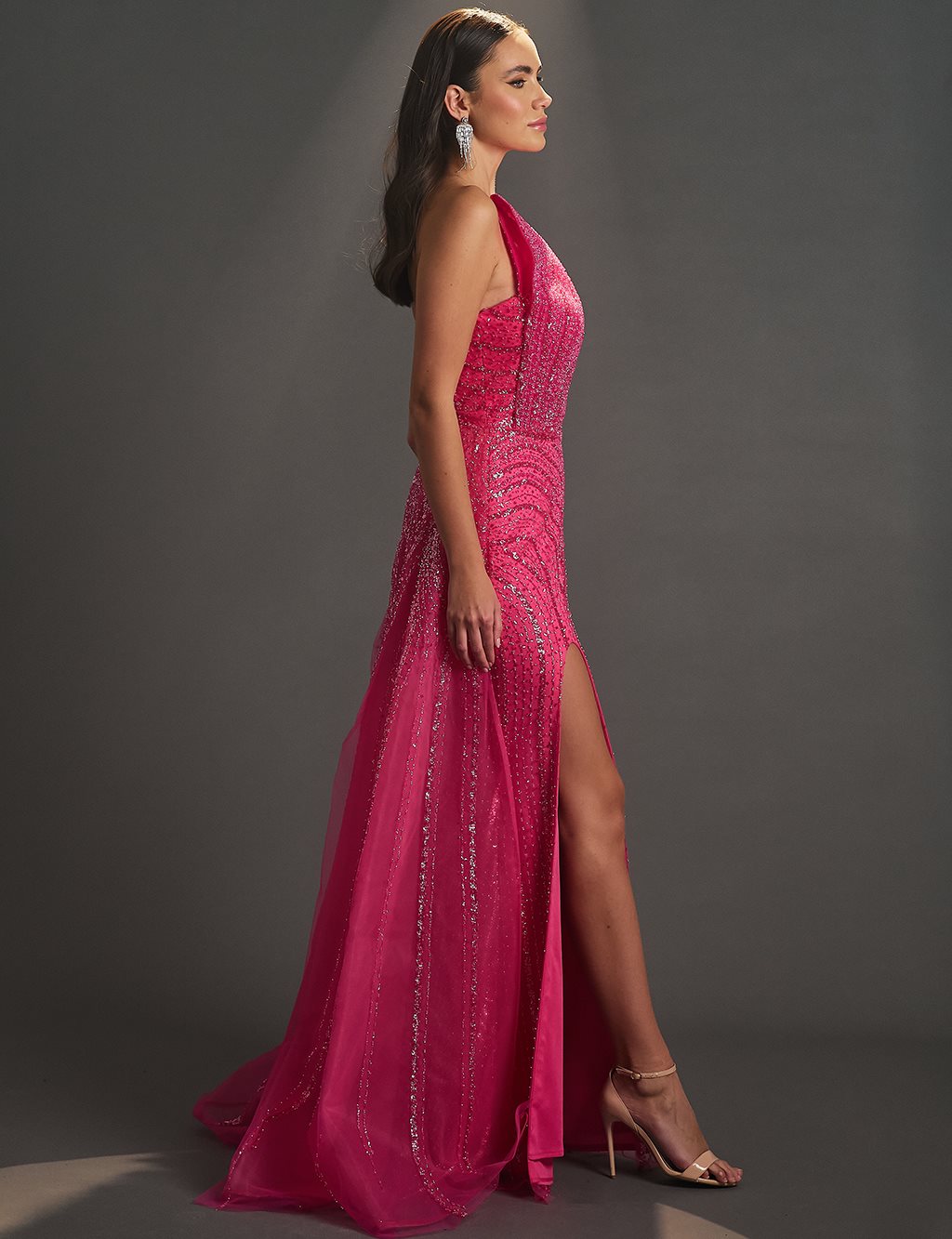 Sequin Bead Embroidered Slit Evening Dress Fuchsia