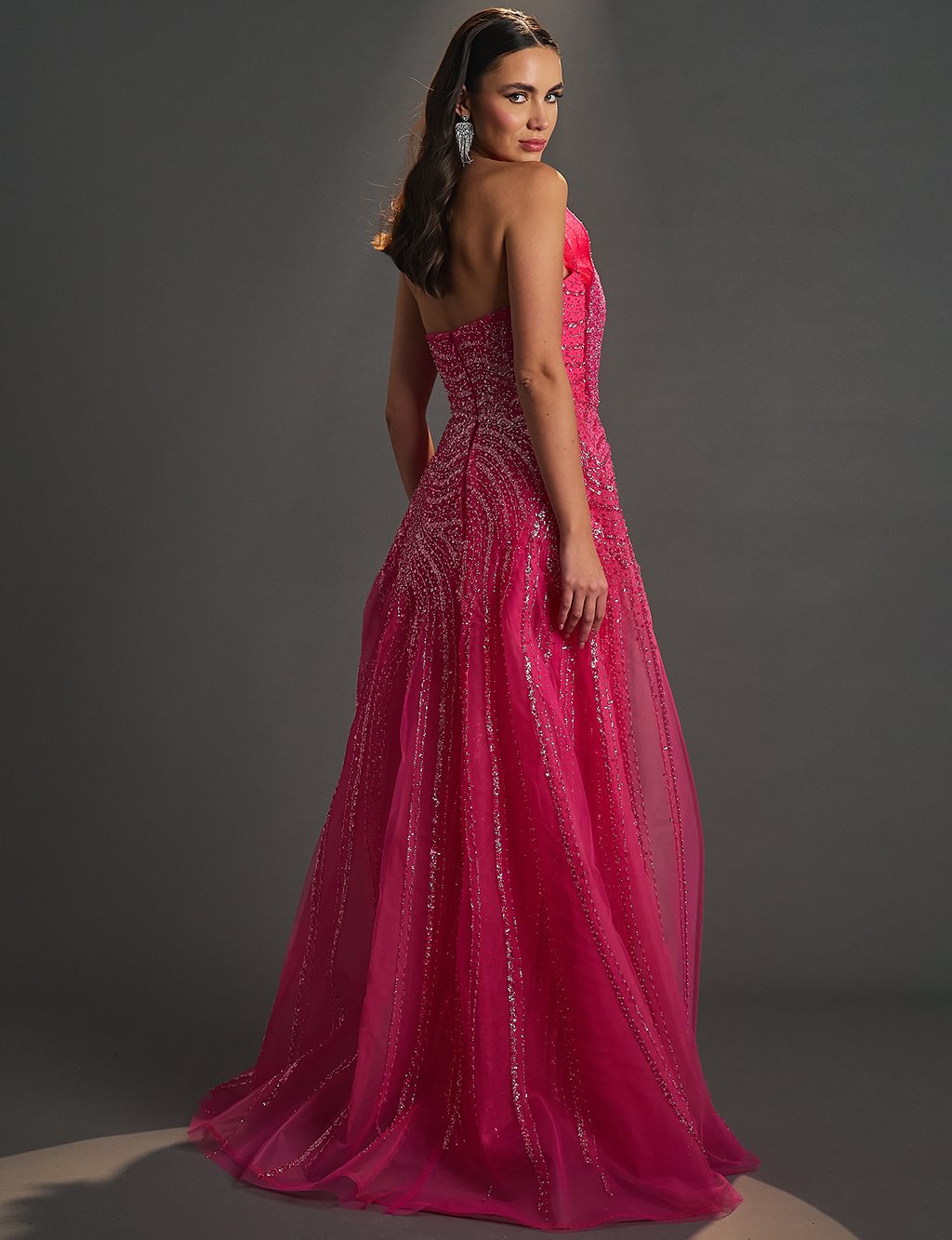 Sequin Bead Embroidered Slit Evening Dress Fuchsia