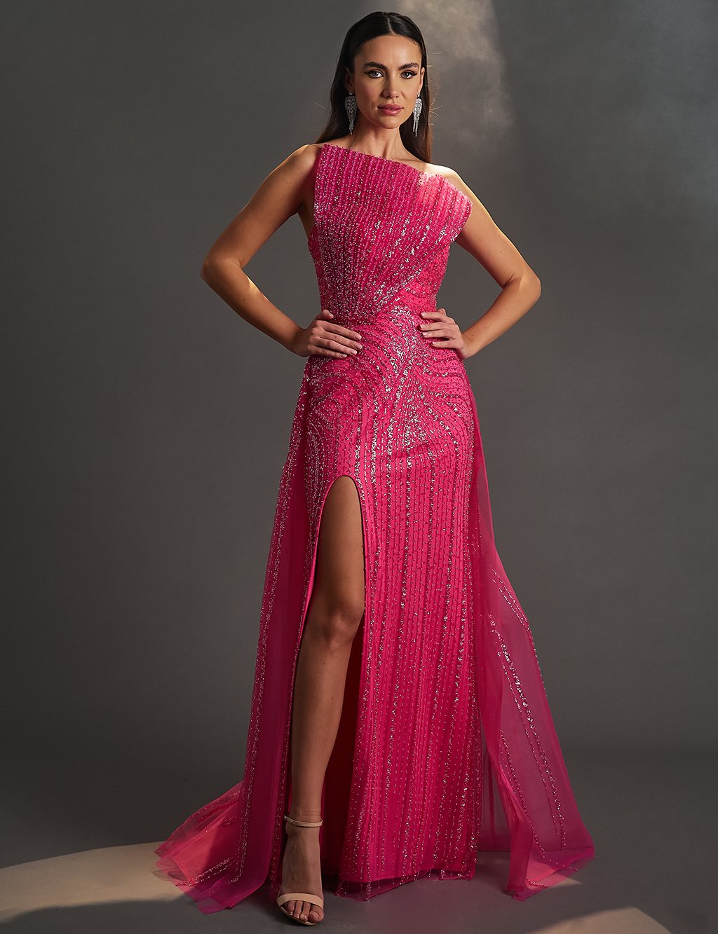 Sequin Bead Embroidered Slit Evening Dress Fuchsia