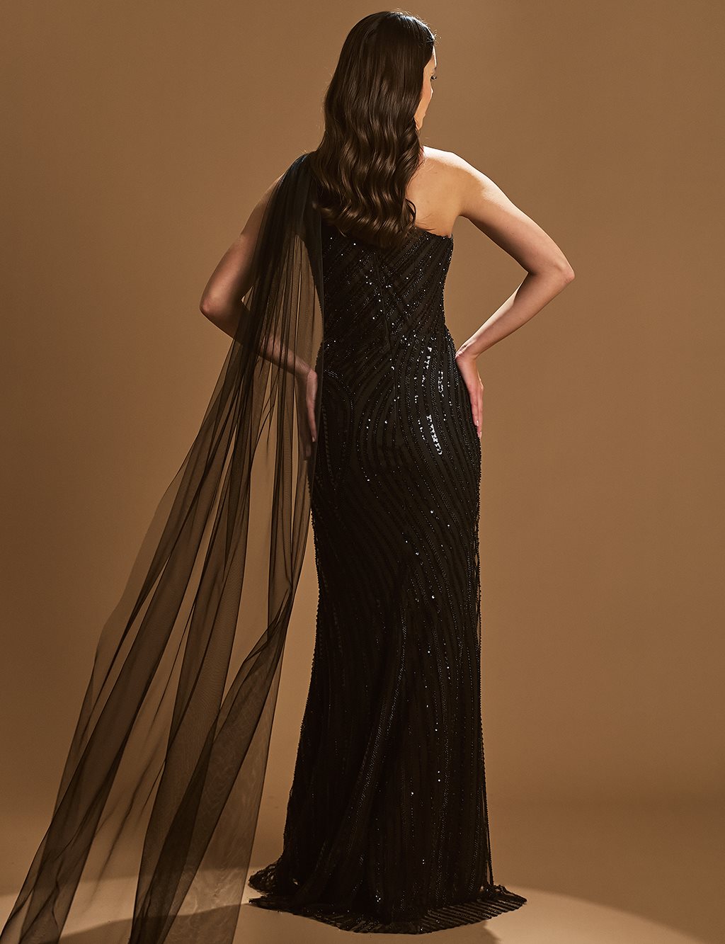 Tulle Detailed Embroidered Fish Form Evening Dress Black