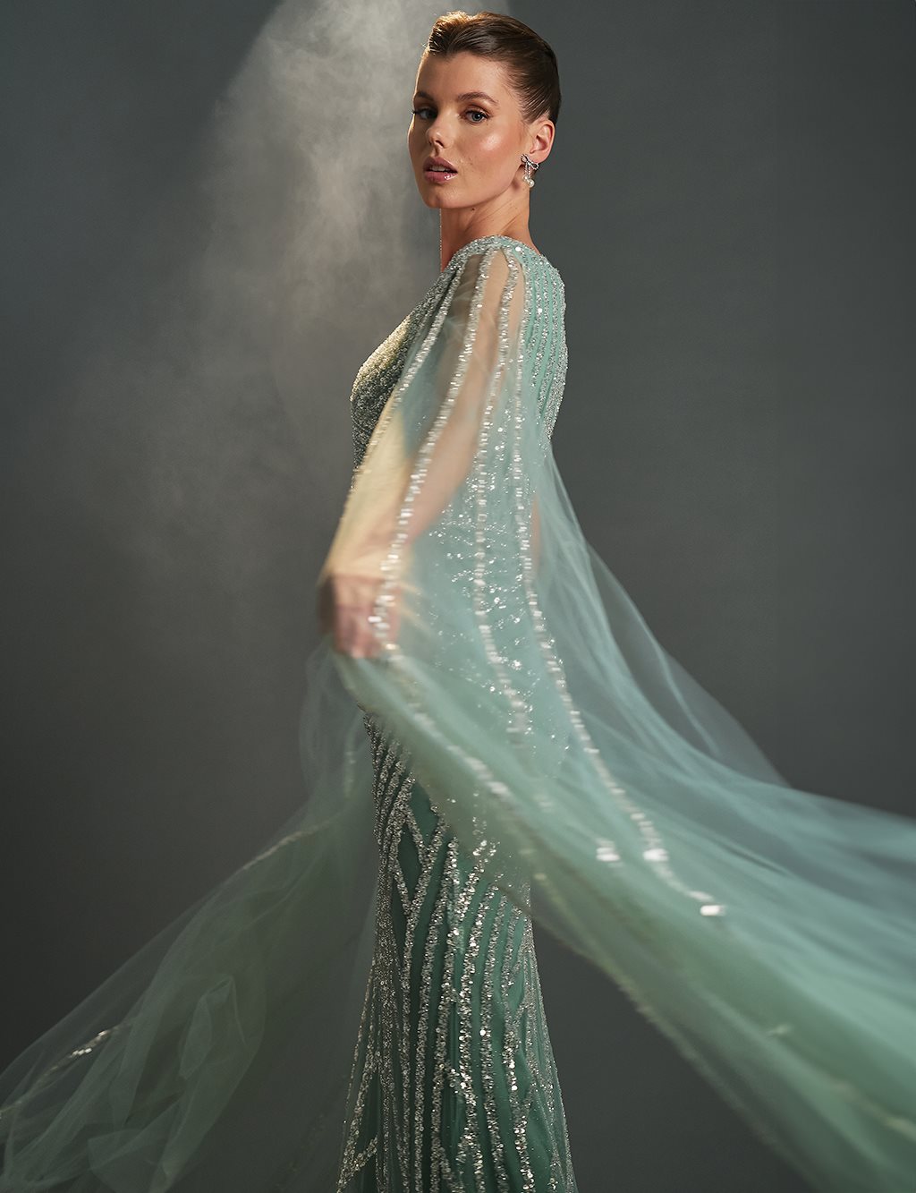 Cape-Style Fishtail Evening Dress – Sage Green