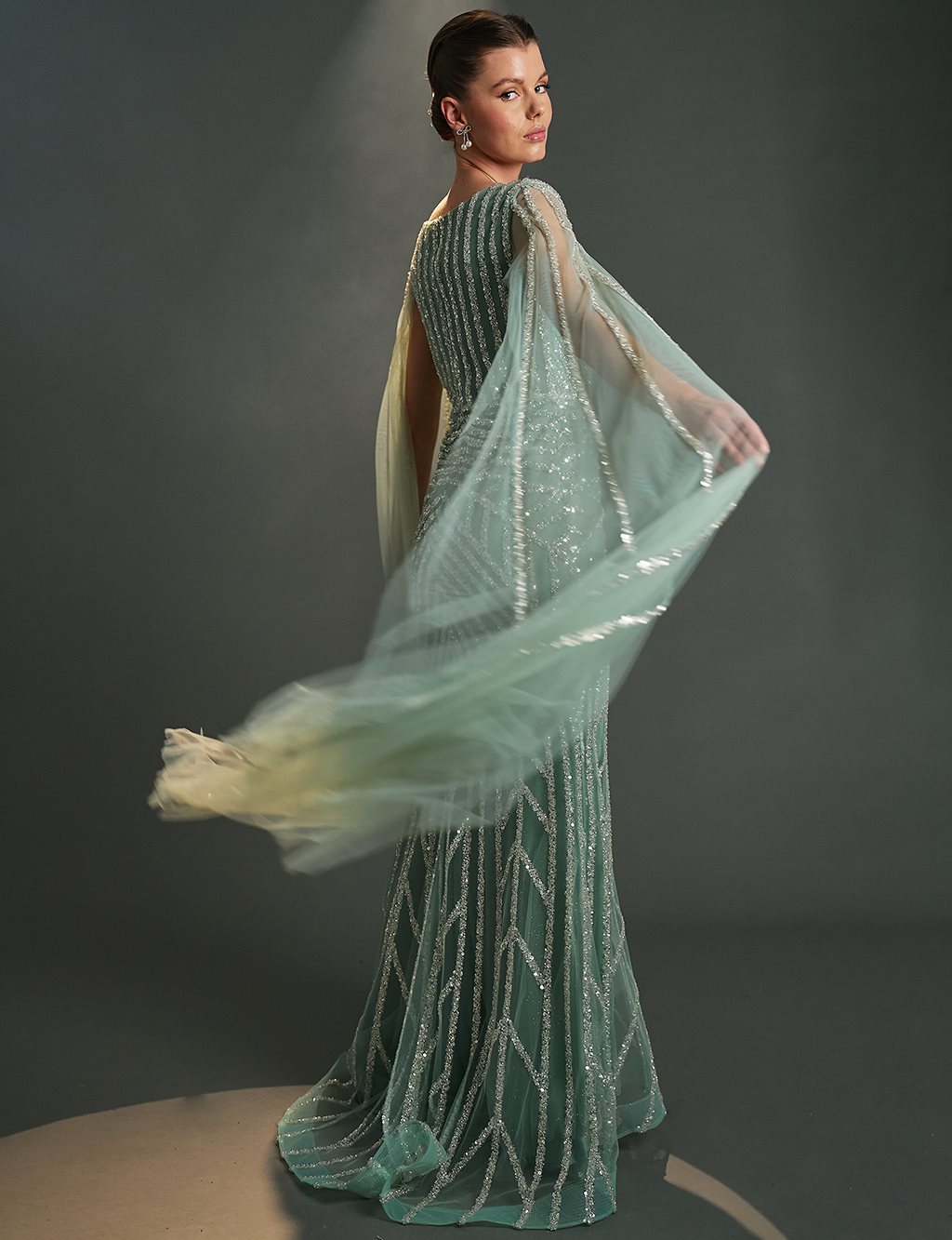 Cape-Style Fishtail Evening Dress – Sage Green