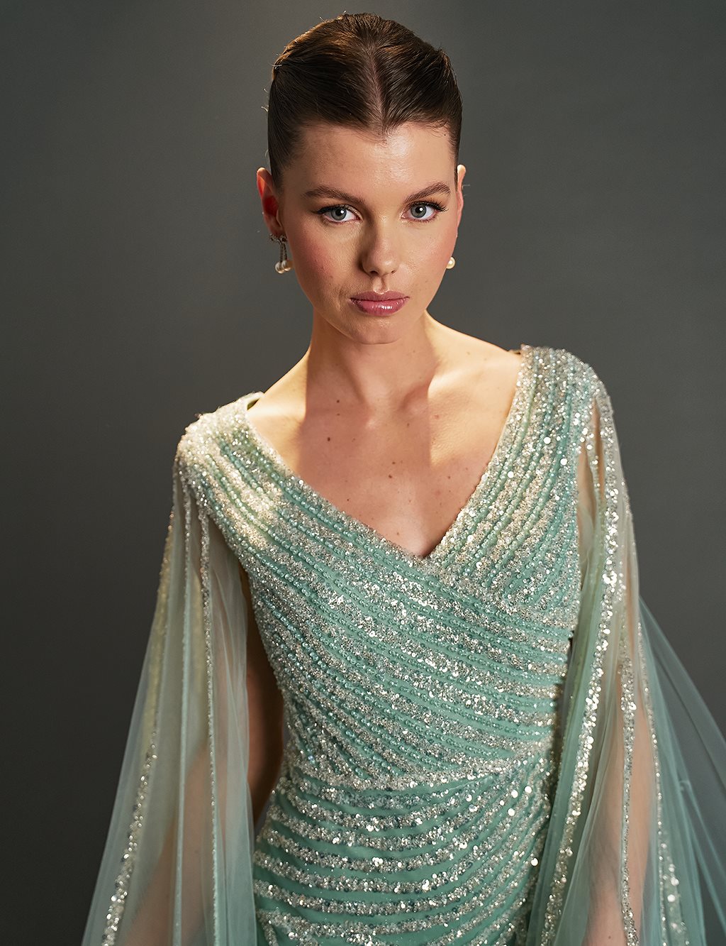 Cape-Style Fishtail Evening Dress – Sage Green