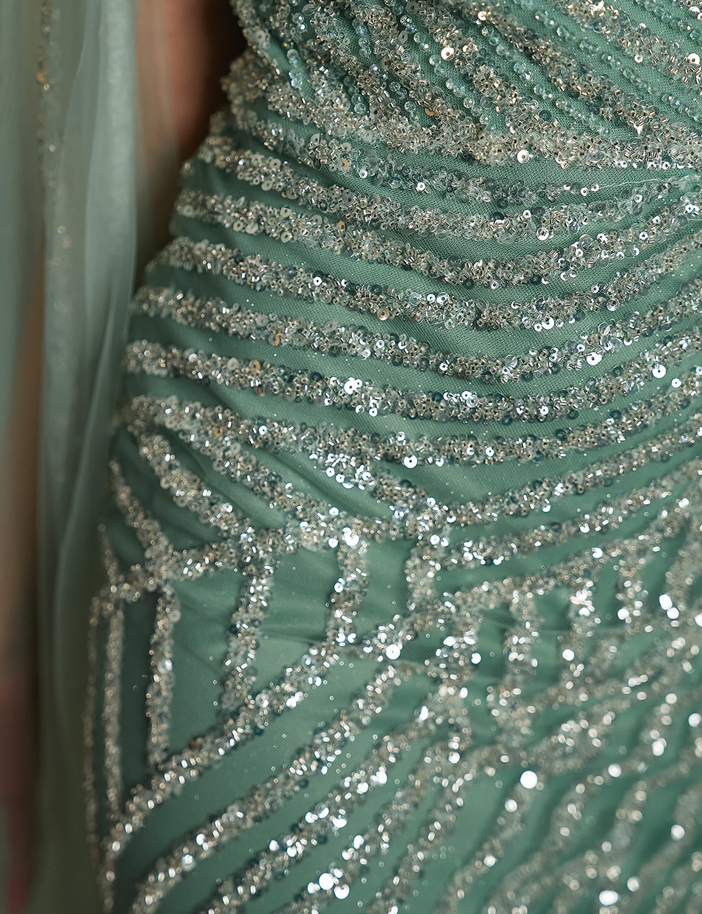 Cape-Style Fishtail Evening Dress – Sage Green