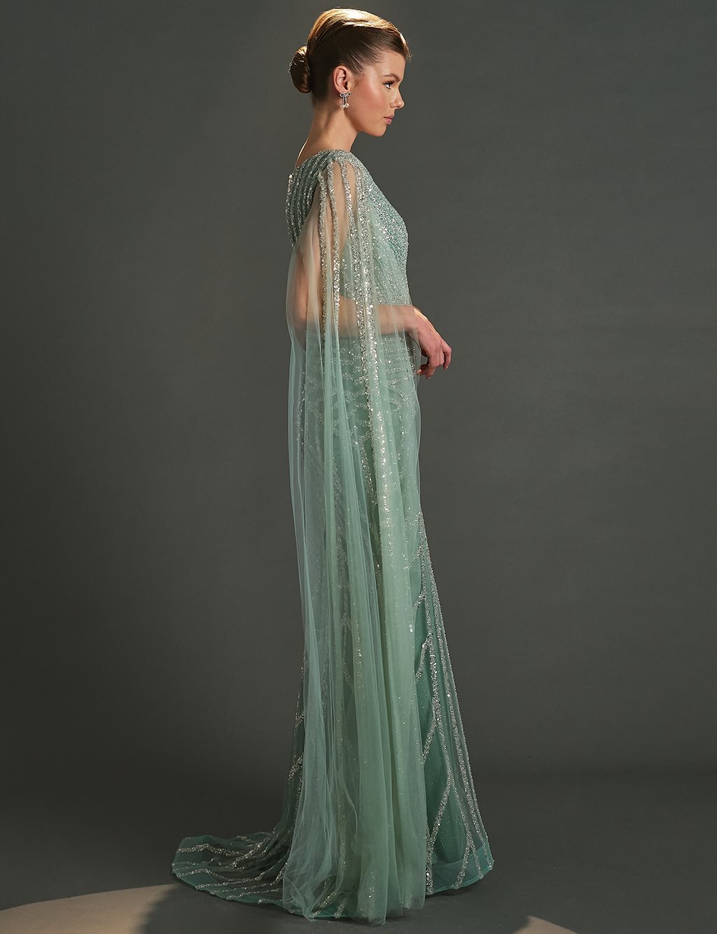 Cape-Style Fishtail Evening Dress – Sage Green
