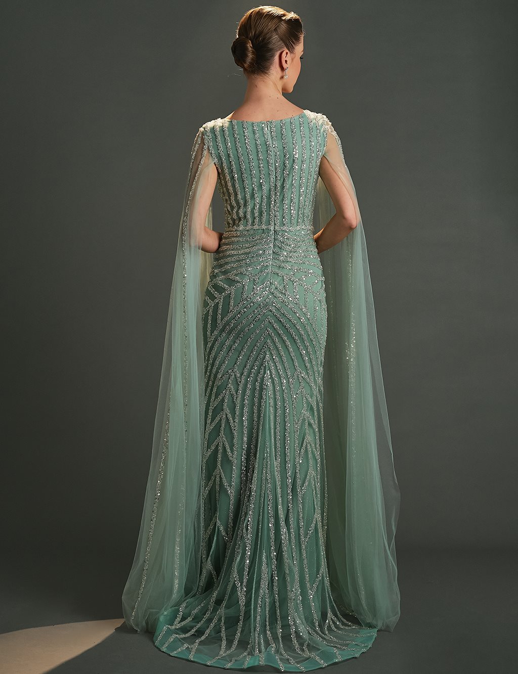 Cape-Style Fishtail Evening Dress – Sage Green