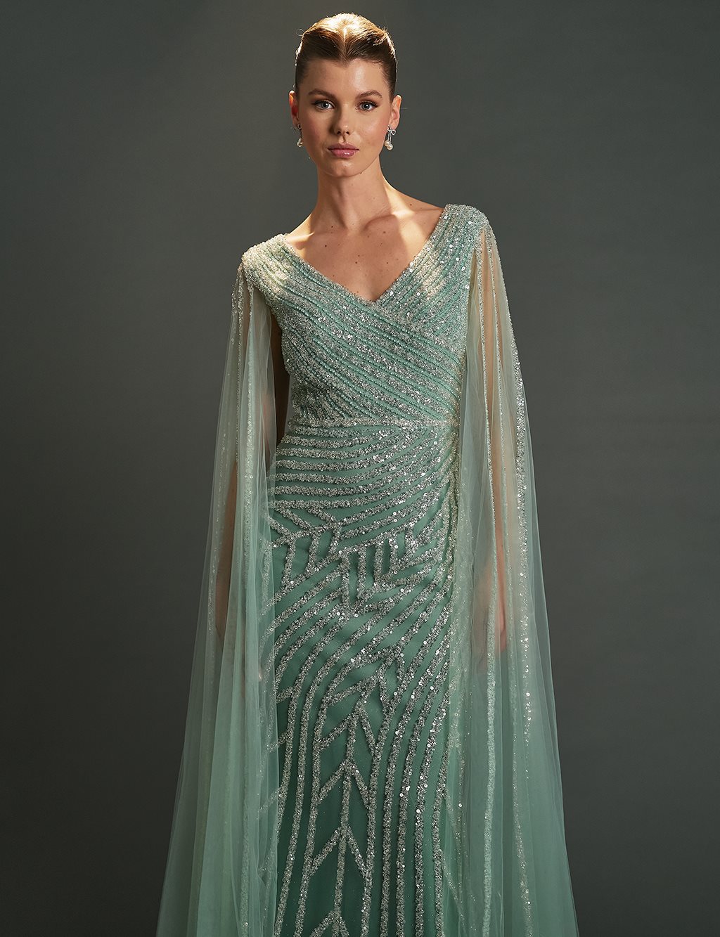 Cape-Style Fishtail Evening Dress – Sage Green