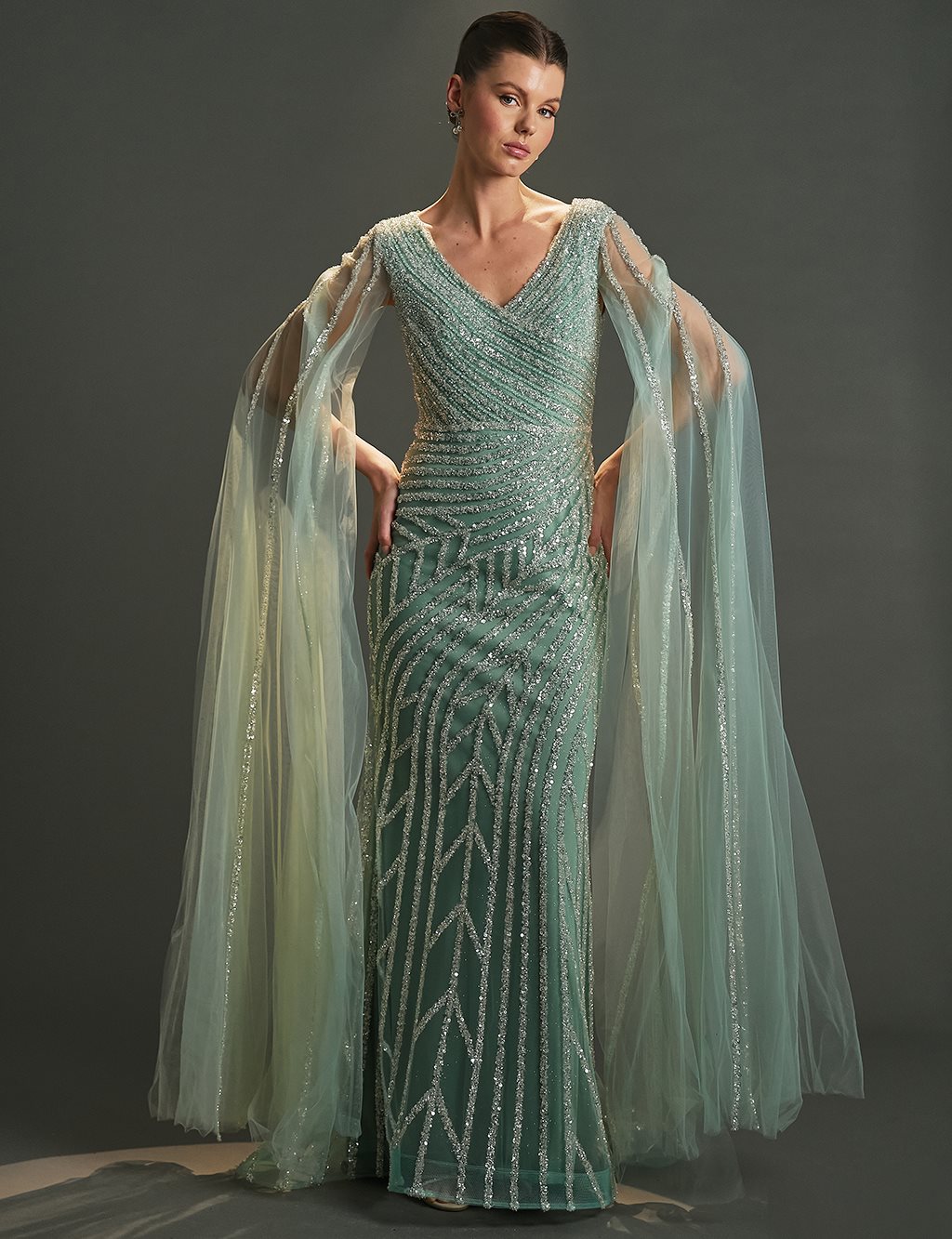 Cape-Style Fishtail Evening Dress – Sage Green