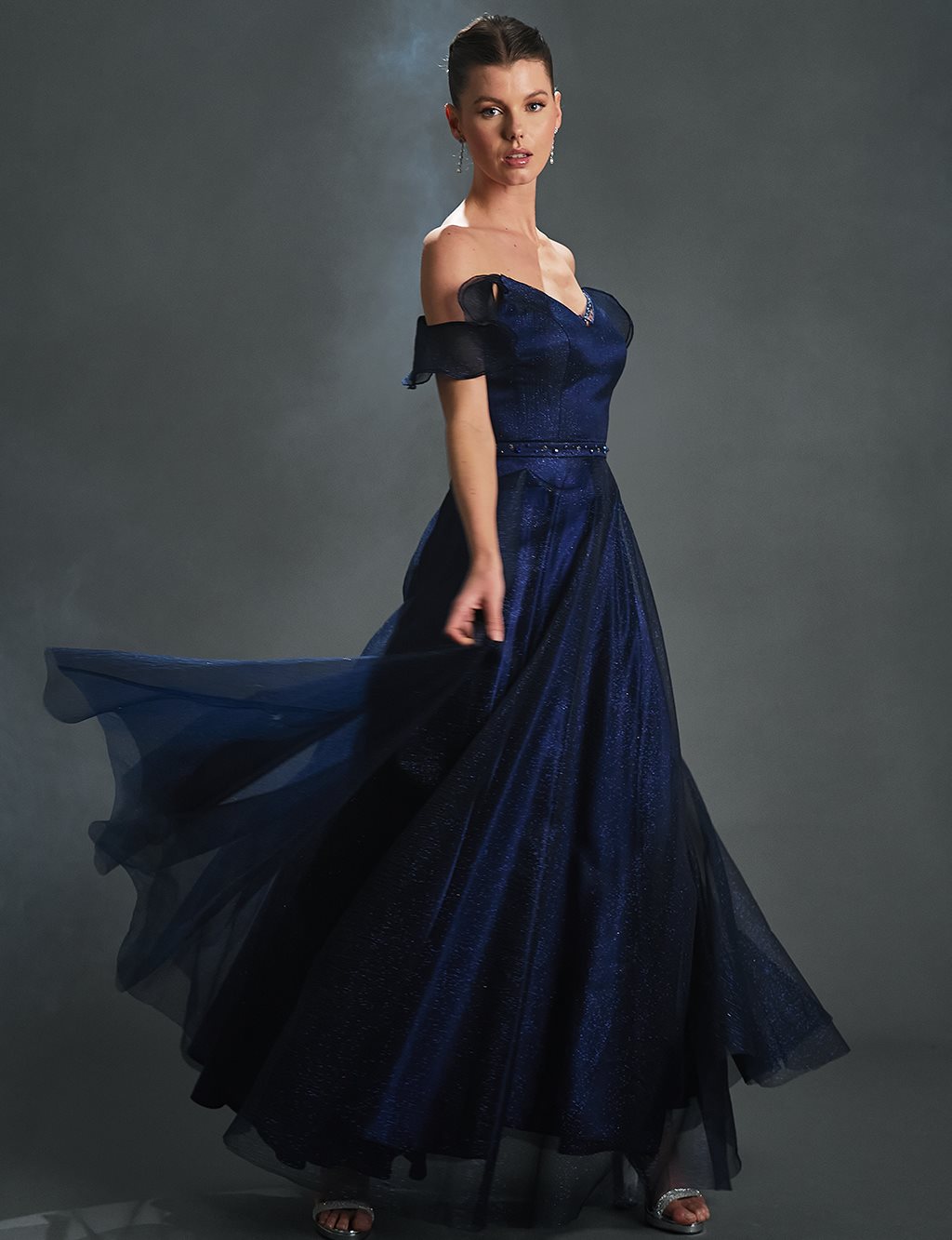 Organza Bolero Glitter Evening Dress Navy Blue