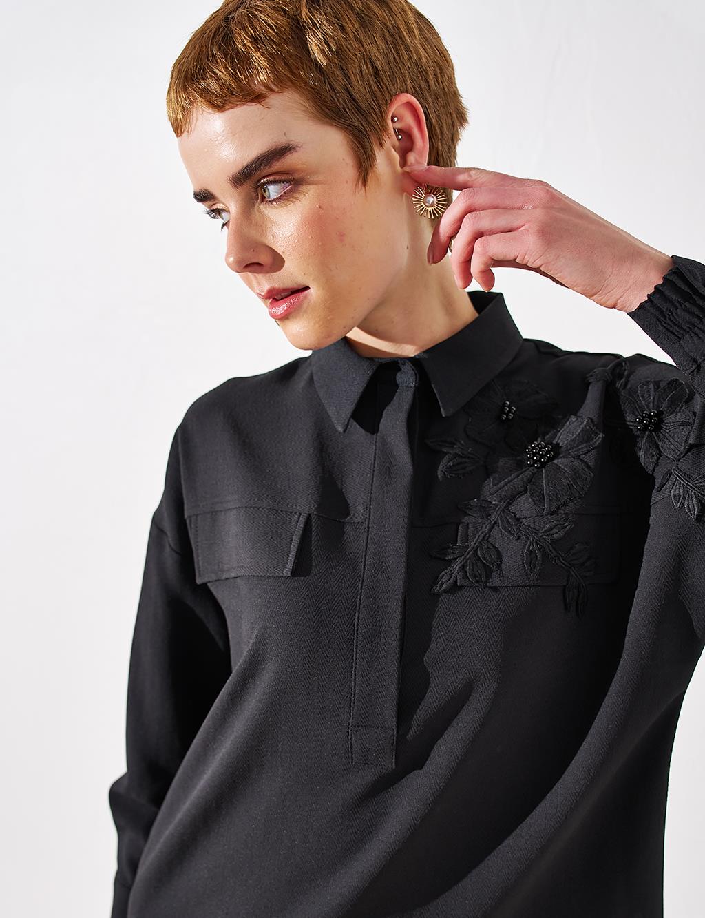 Embroidered Shoulder Tunic Black