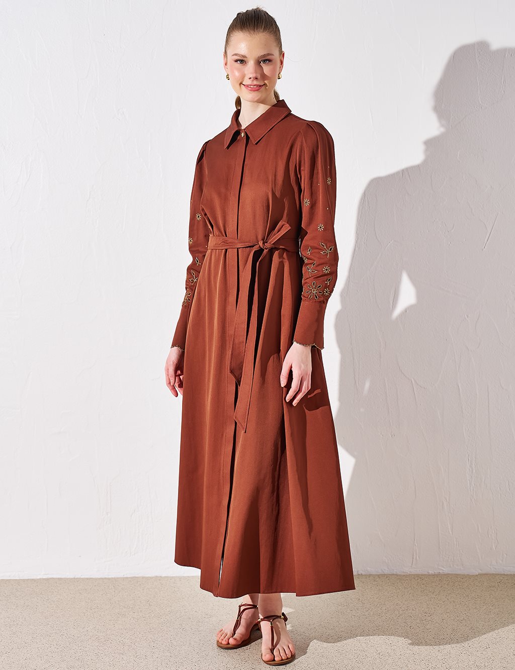 Embroidered Long Dress Brown